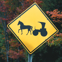 Yellow street sign with horse and buggy